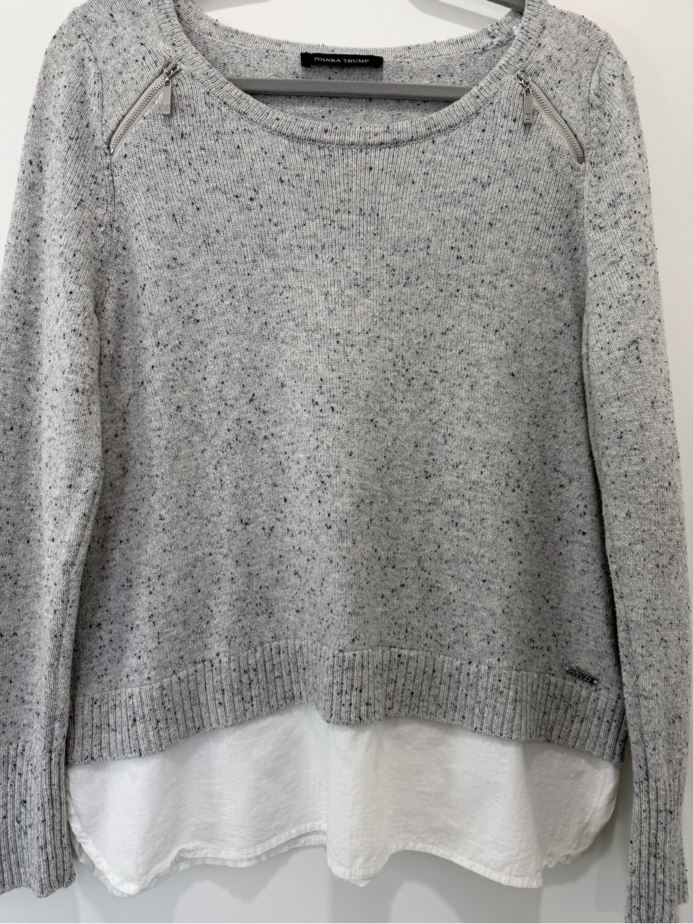 Ivanka Trump Gray Speckled Layered-Look Crewneck Sweater with White Hem